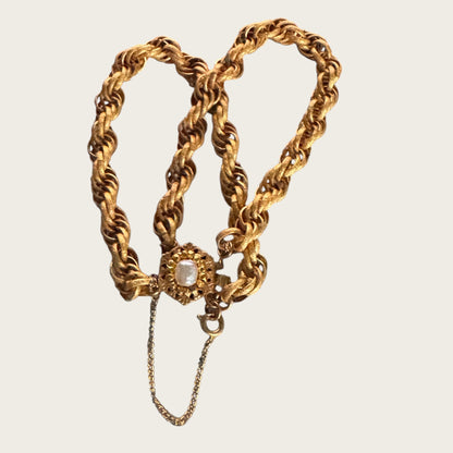 Vintage Miriam Haskell Double Roped Gold Tone Bracelet with Pearl Floral Clasp