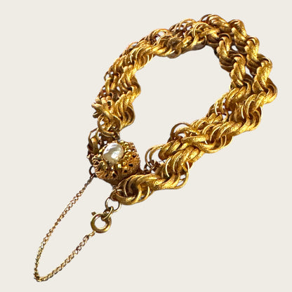 Vintage Miriam Haskell Double Roped Gold Tone Bracelet with Pearl Floral Clasp