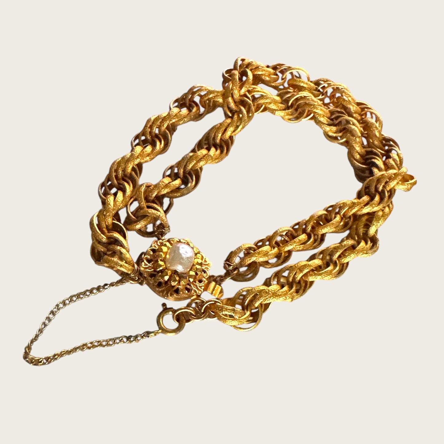 Vintage Miriam Haskell Double Roped Gold Tone Bracelet with Pearl Floral Clasp