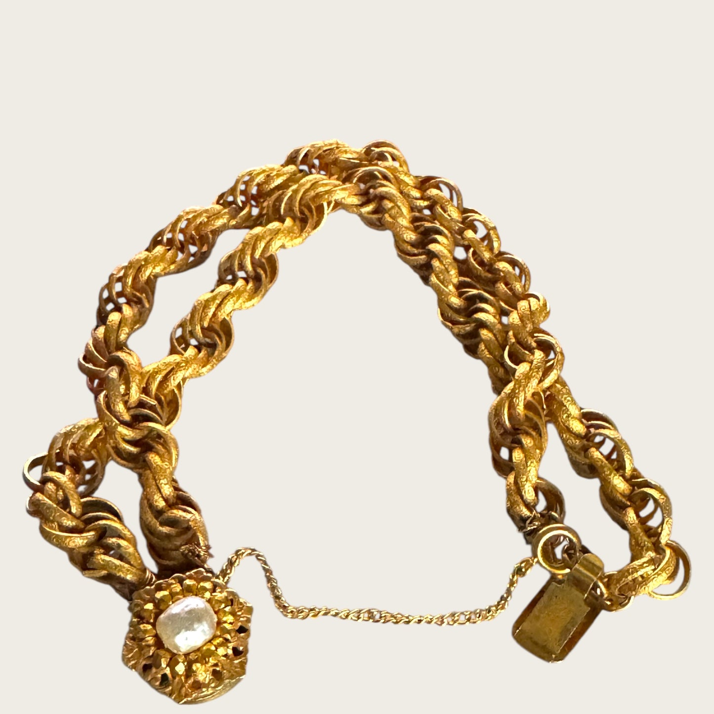 Vintage Miriam Haskell Double Roped Gold Tone Bracelet with Pearl Floral Clasp