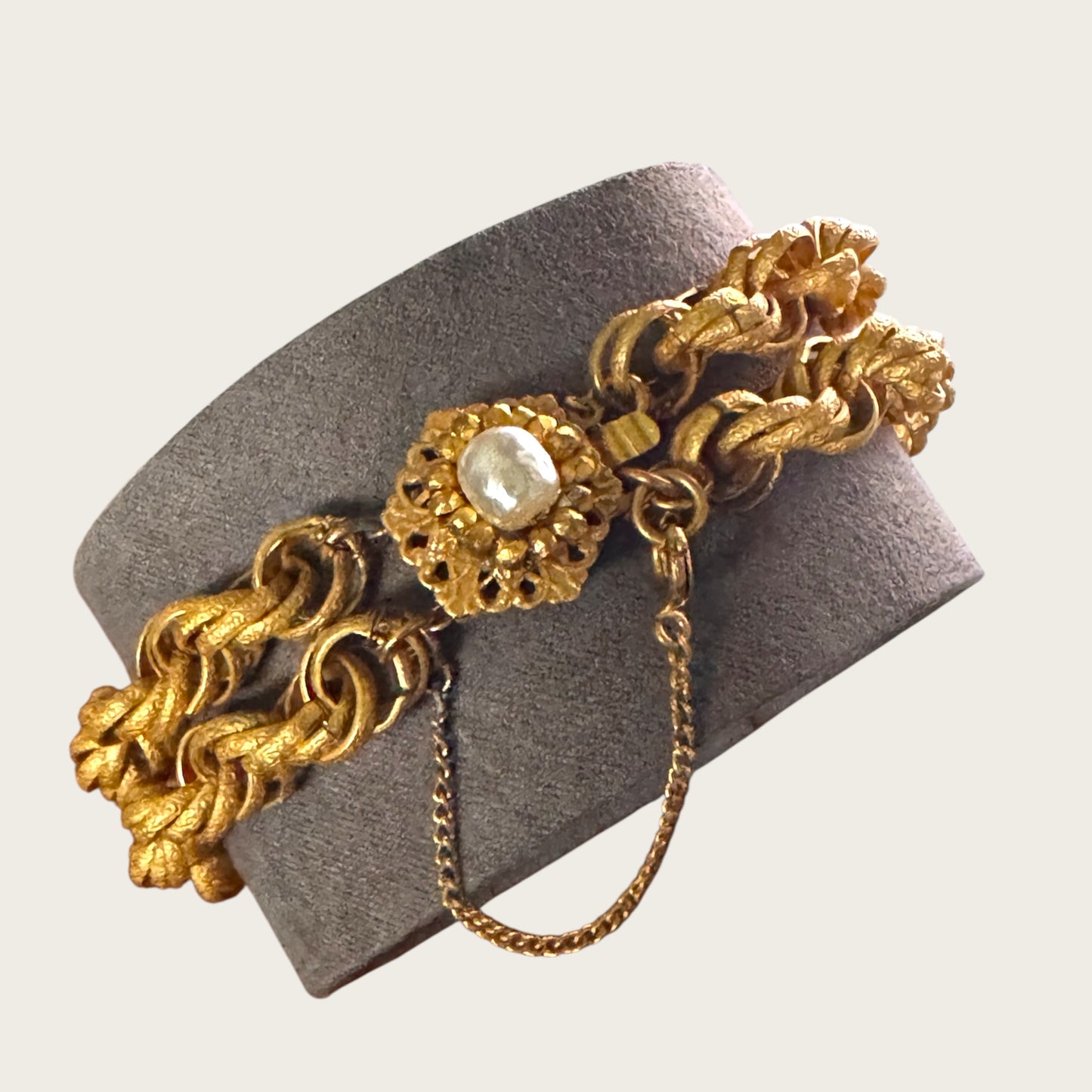 Vintage Miriam Haskell Double Roped Gold Tone Bracelet with Pearl Floral Clasp