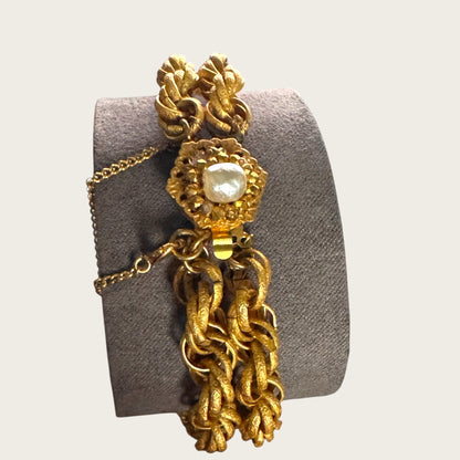 Vintage Miriam Haskell Double Roped Gold Tone Bracelet with Pearl Floral Clasp