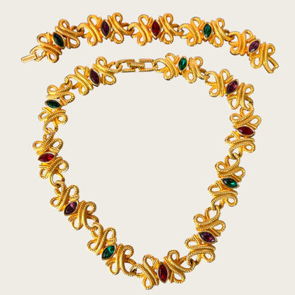 Swarovski Swan Signed Multicolor Navette Scroll Parure, 1990s Gold Tone Choker & Bracelet Set