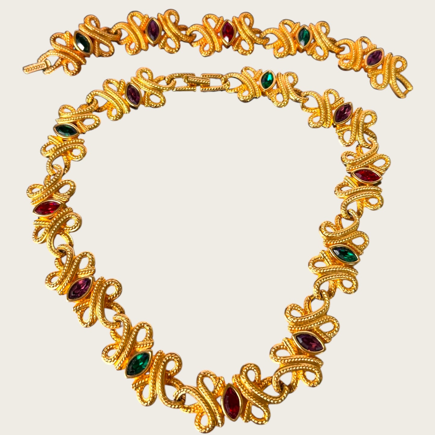 Swarovski Swan Signed Multicolor Navette Scroll Parure, 1990s Gold Tone Choker & Bracelet Set