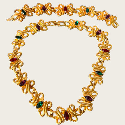Swarovski Swan Signed Multicolor Navette Scroll Parure, 1990s Gold Tone Choker & Bracelet Set