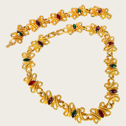 Swarovski Swan Signed Multicolor Navette Scroll Parure, 1990s Gold Tone Choker & Bracelet Set