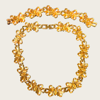 Swarovski Swan Signed Multicolor Navette Scroll Parure, 1990s Gold Tone Choker & Bracelet Set