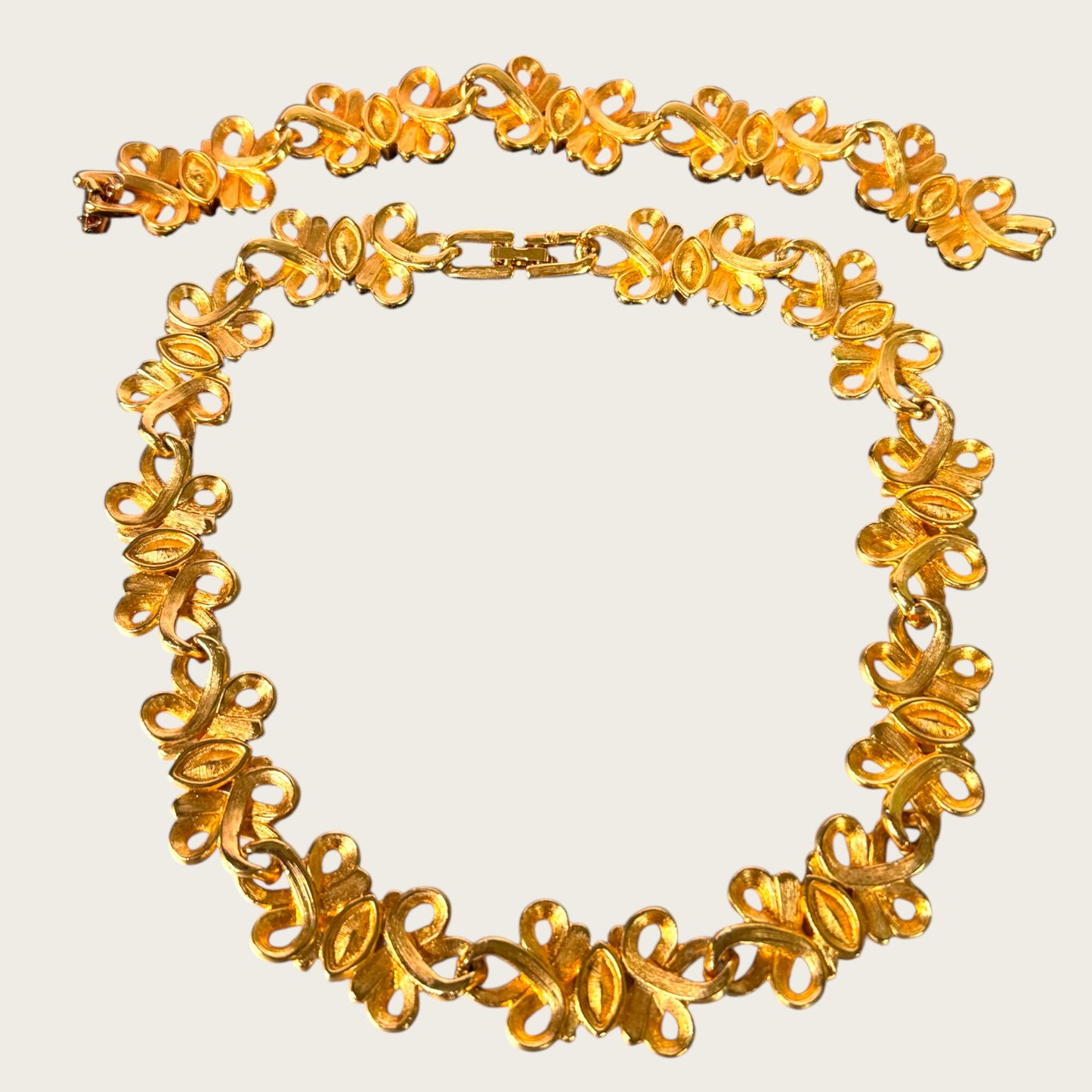 Swarovski Swan Signed Multicolor Navette Scroll Parure, 1990s Gold Tone Choker & Bracelet Set