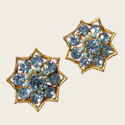 BSK Signed Blue Rhinestone Starburst Clip-On Earrings, Gold Tone Vintage Statement