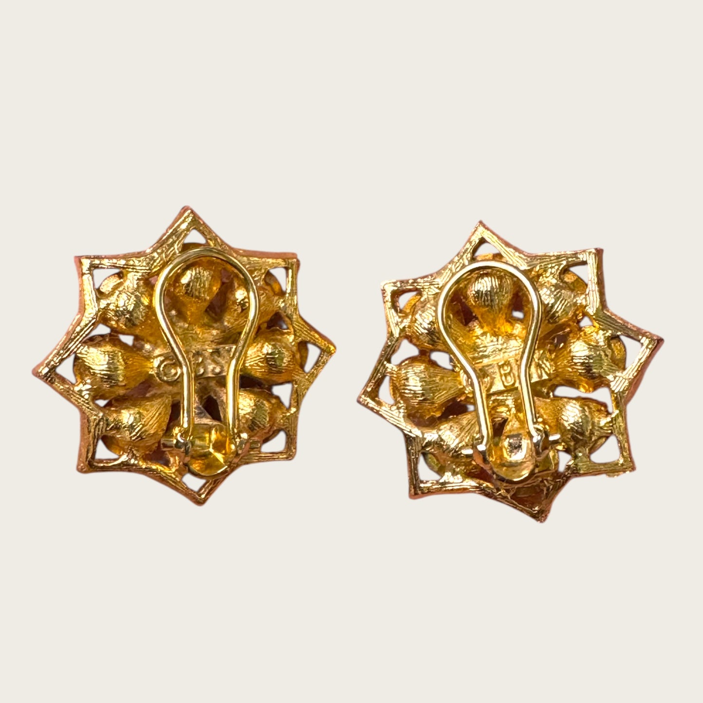 BSK Signed Blue Rhinestone Starburst Clip-On Earrings, Gold Tone Vintage Statement