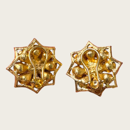 BSK Signed Blue Rhinestone Starburst Clip-On Earrings, Gold Tone Vintage Statement