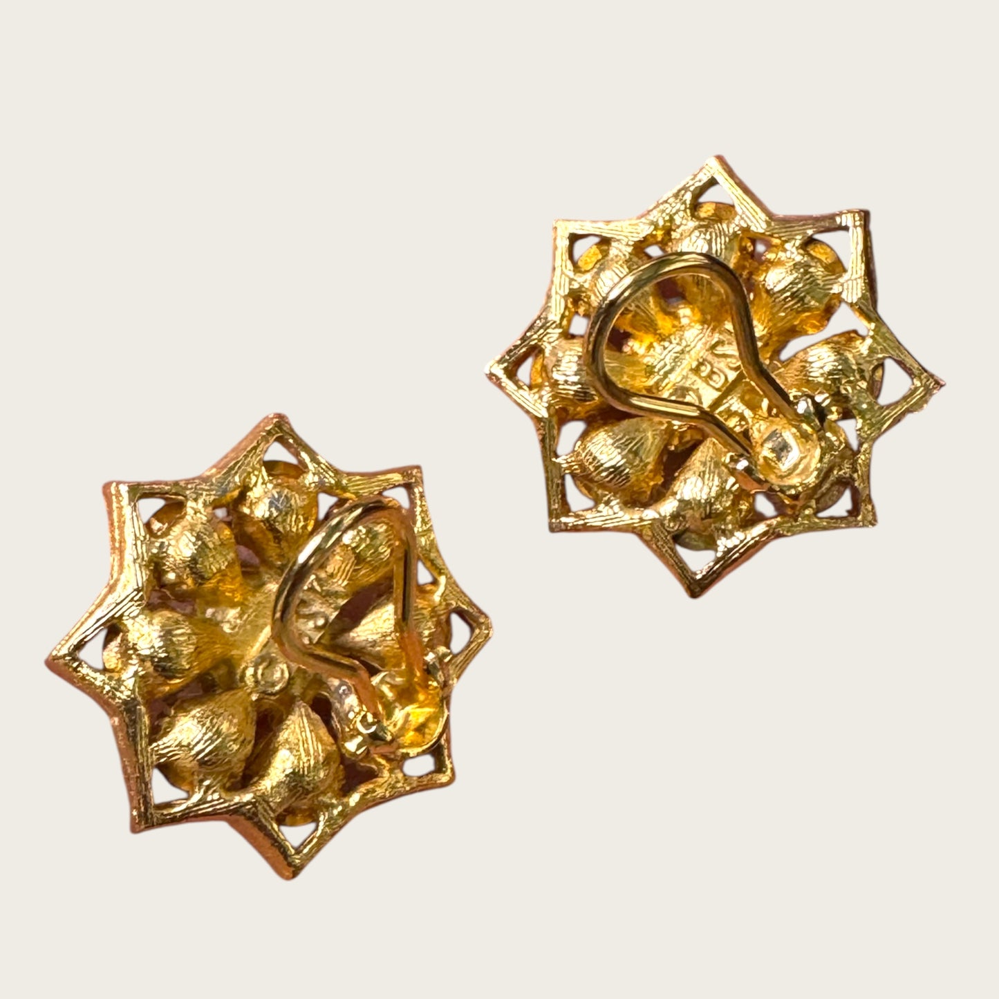 BSK Signed Blue Rhinestone Starburst Clip-On Earrings, Gold Tone Vintage Statement