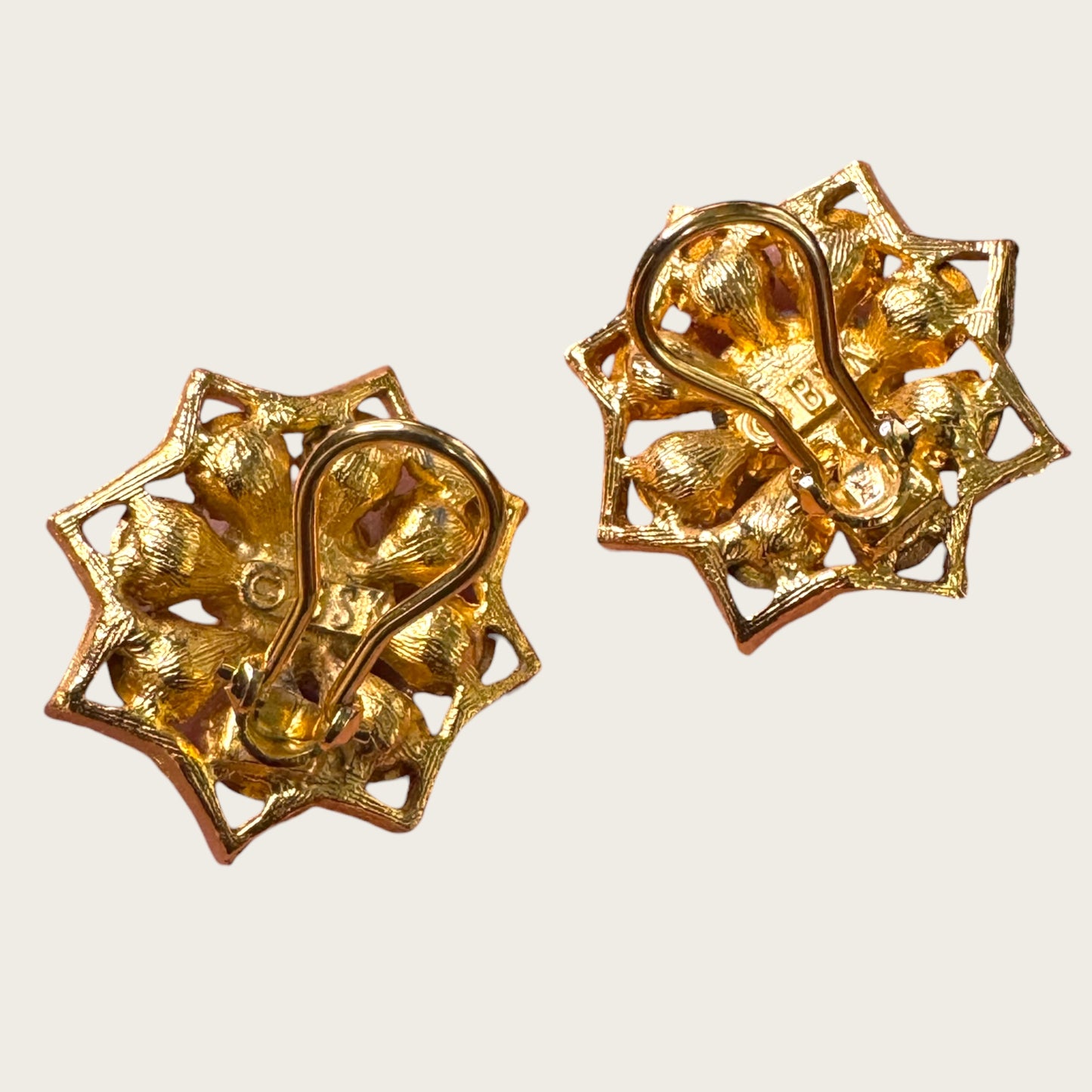 BSK Signed Blue Rhinestone Starburst Clip-On Earrings, Gold Tone Vintage Statement