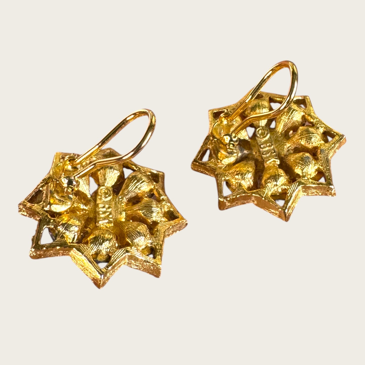 BSK Signed Blue Rhinestone Starburst Clip-On Earrings, Gold Tone Vintage Statement