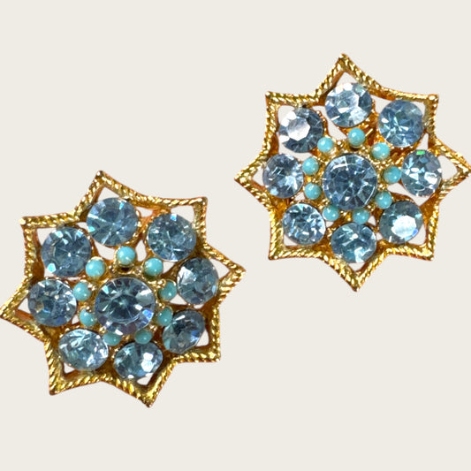BSK Signed Blue Rhinestone Starburst Clip-On Earrings, Gold Tone Vintage Statement