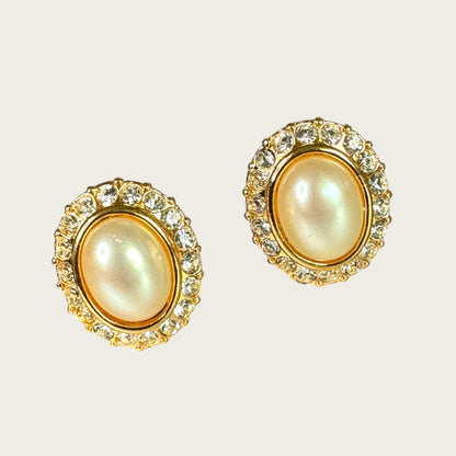 Vintage Vendôme Gold Tone Faux Pearl & Crystal Halo Clip-On Earrings
