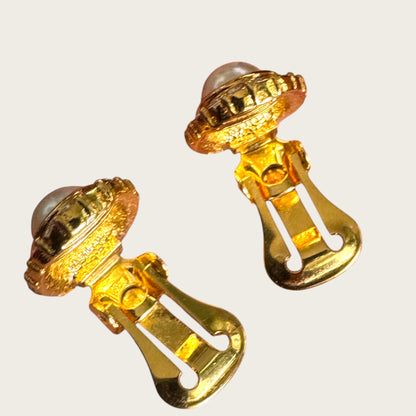 Vintage Vendôme Gold Tone Faux Pearl & Crystal Halo Clip-On Earrings