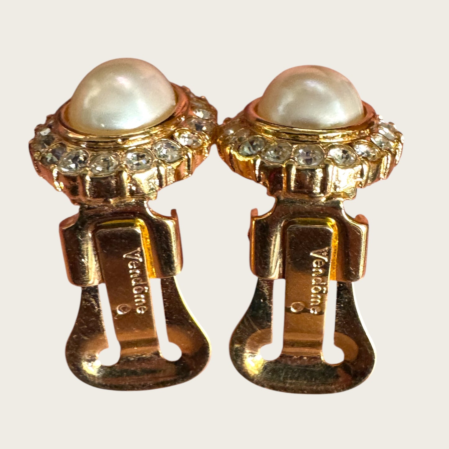 Vintage Vendôme Gold Tone Faux Pearl & Crystal Halo Clip-On Earrings