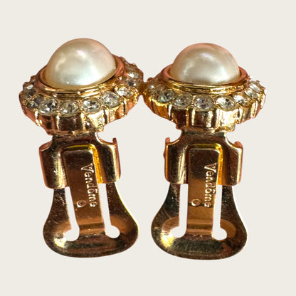 Vintage Vendôme Gold Tone Faux Pearl & Crystal Halo Clip-On Earrings