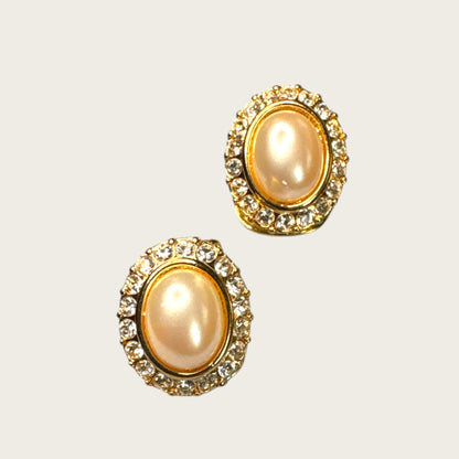 Vintage Vendôme Gold Tone Faux Pearl & Crystal Halo Clip-On Earrings