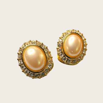 Vintage Vendôme Gold Tone Faux Pearl & Crystal Halo Clip-On Earrings