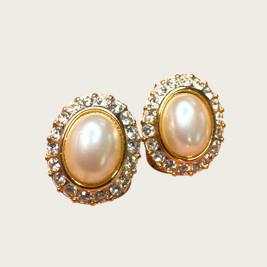 Vintage Vendôme Gold Tone Faux Pearl & Crystal Halo Clip-On Earrings