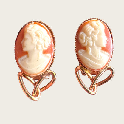 Vintage Carved Stone Cameo Rose Gold Tone Hand Painted Clip-On Earrings