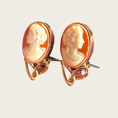 Vintage Carved Stone Cameo Rose Gold Tone Hand Painted Clip-On Earrings