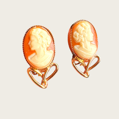 Vintage Carved Stone Cameo Rose Gold Tone Hand Painted Clip-On Earrings
