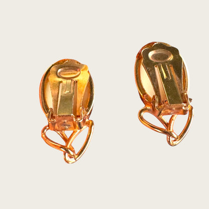 Vintage Carved Stone Cameo Rose Gold Tone Hand Painted Clip-On Earrings