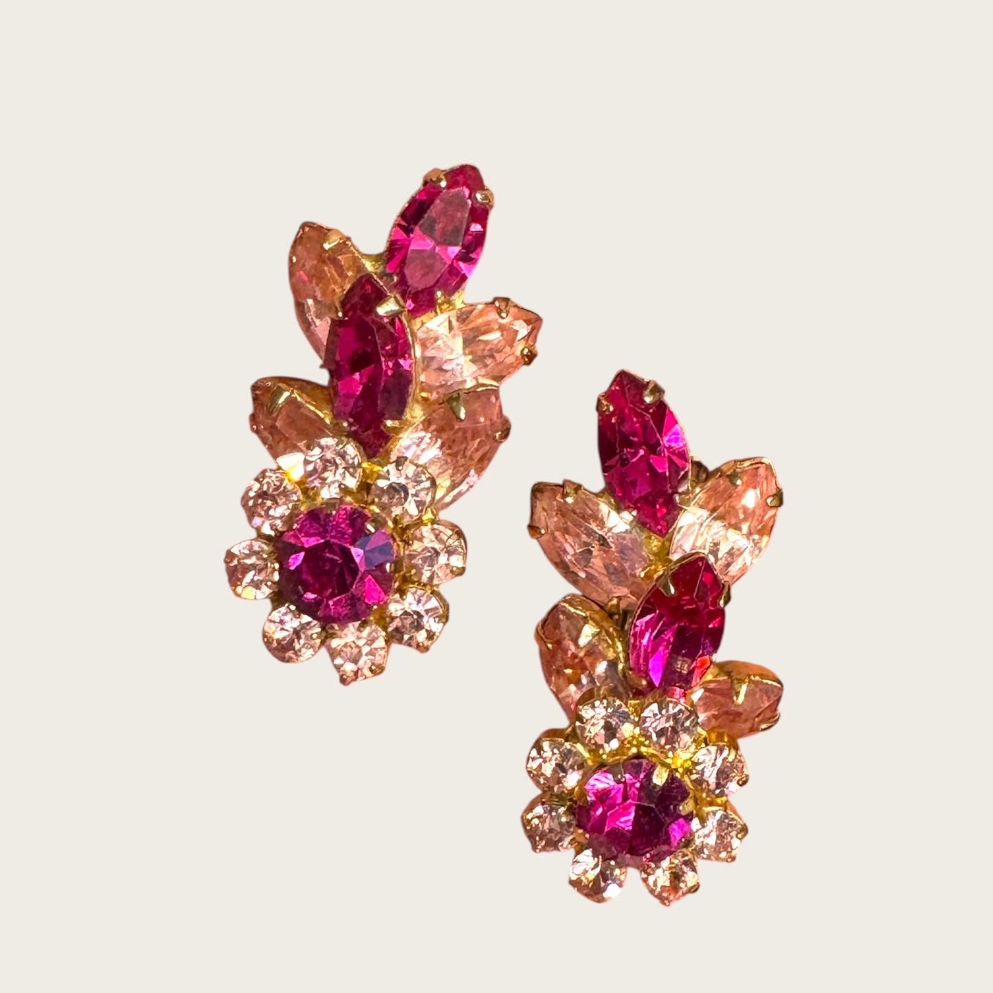 Vintage Vendôme Fuchsia & Blush Rhinestone Floral Clip-On Earrings