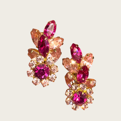 Vintage Vendôme Fuchsia & Blush Rhinestone Floral Clip-On Earrings