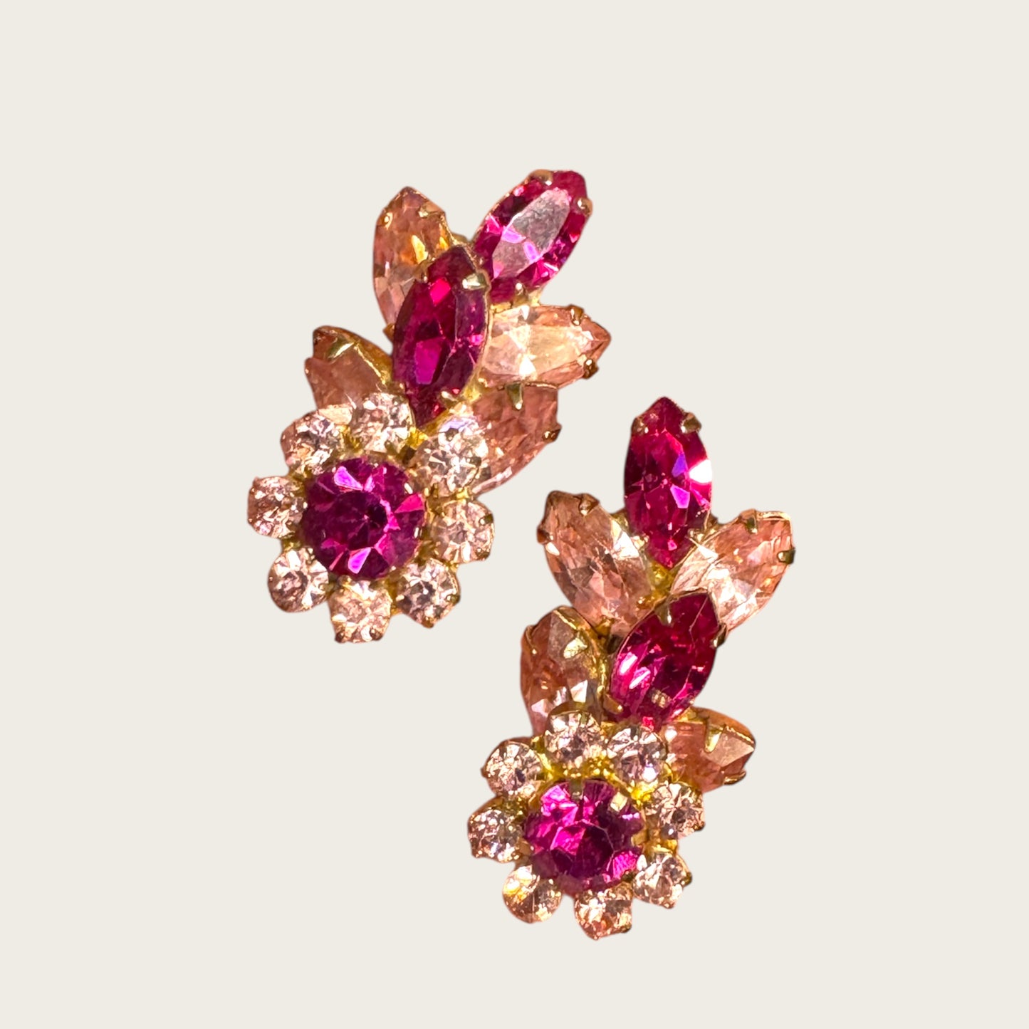 Vintage Vendôme Fuchsia & Blush Rhinestone Floral Clip-On Earrings