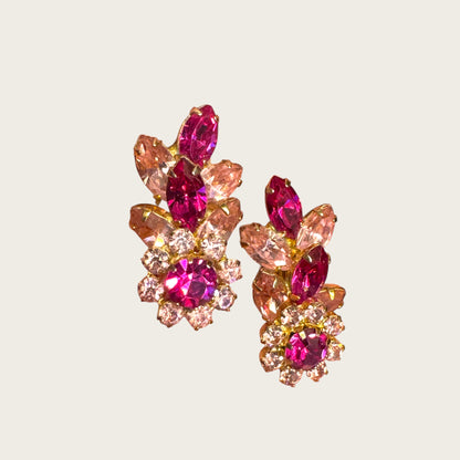 Vintage Vendôme Fuchsia & Blush Rhinestone Floral Clip-On Earrings