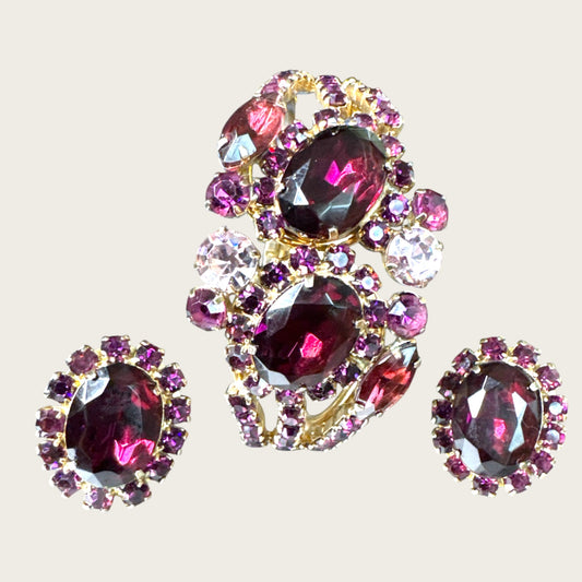Mid-Century Purple Medley Foiled Rhinestone Clamper Bracelet & Earring Set
