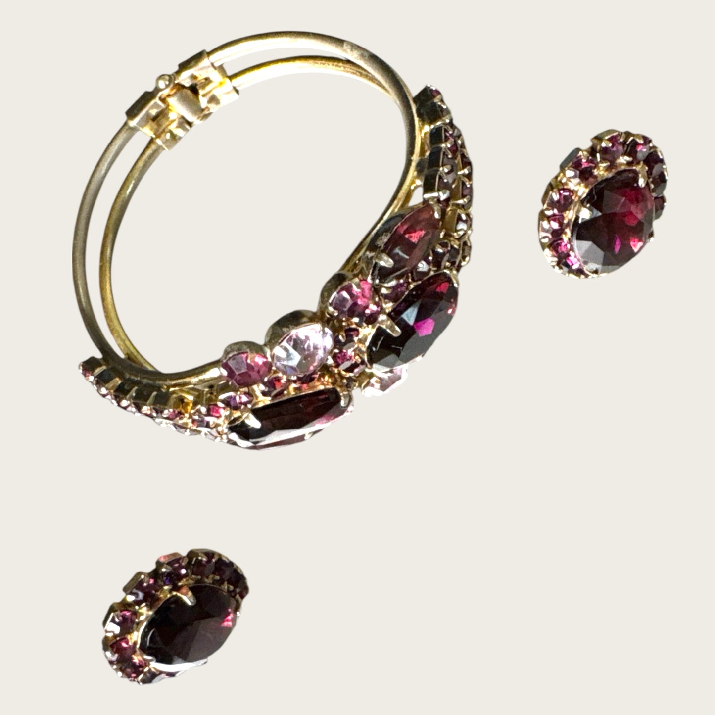 Mid-Century Purple Medley Foiled Rhinestone Clamper Bracelet & Earring Set