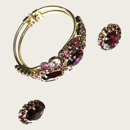 Mid-Century Purple Medley Foiled Rhinestone Clamper Bracelet & Earring Set
