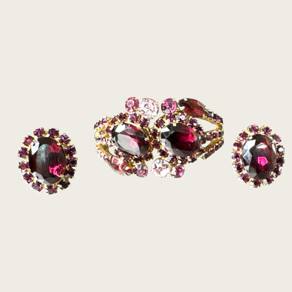 Mid-Century Purple Medley Foiled Rhinestone Clamper Bracelet & Earring Set