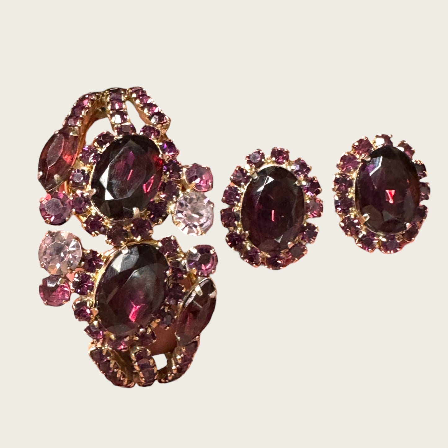 Mid-Century Purple Medley Foiled Rhinestone Clamper Bracelet & Earring Set