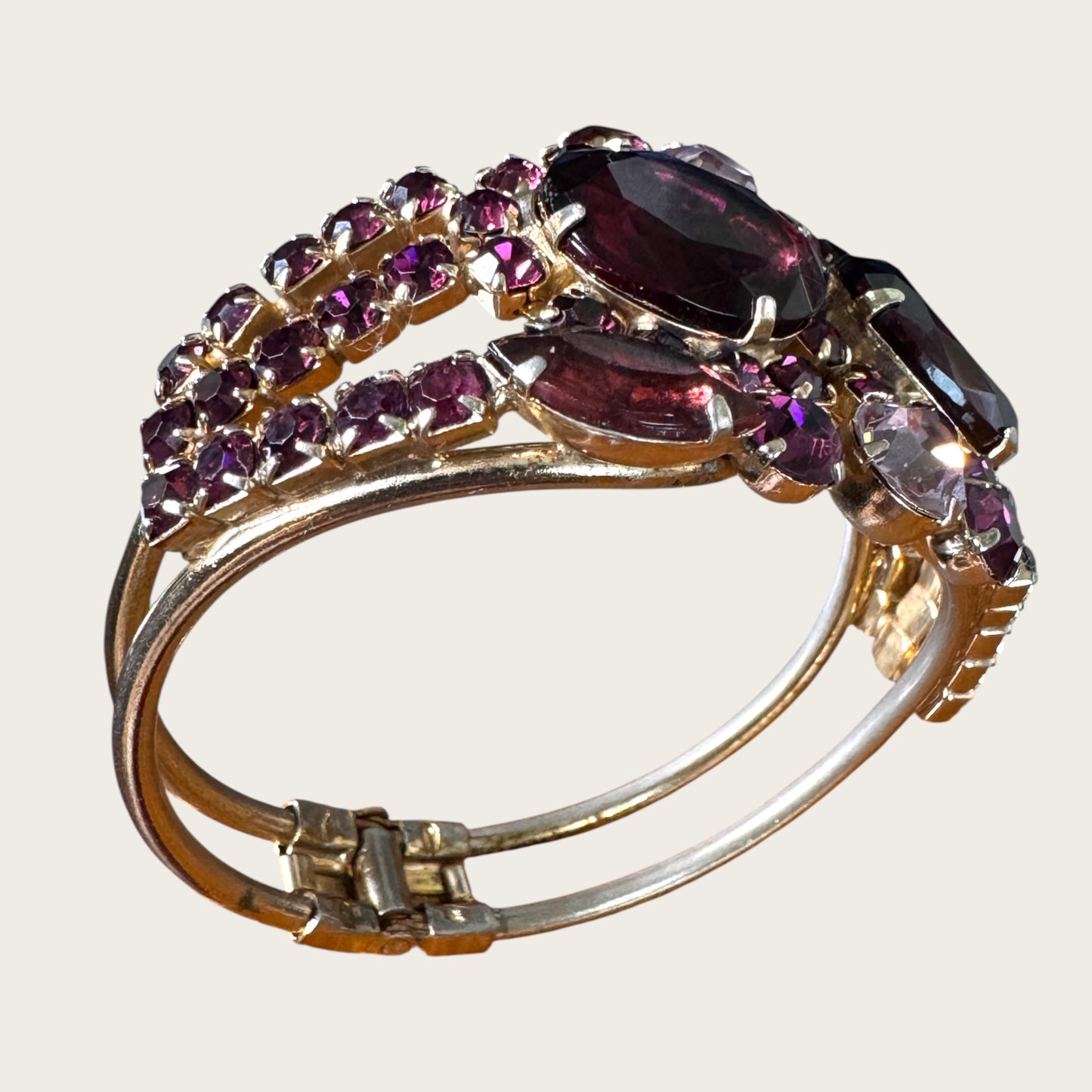 Mid-Century Purple Medley Foiled Rhinestone Clamper Bracelet & Earring Set