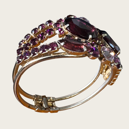 Mid-Century Purple Medley Foiled Rhinestone Clamper Bracelet & Earring Set