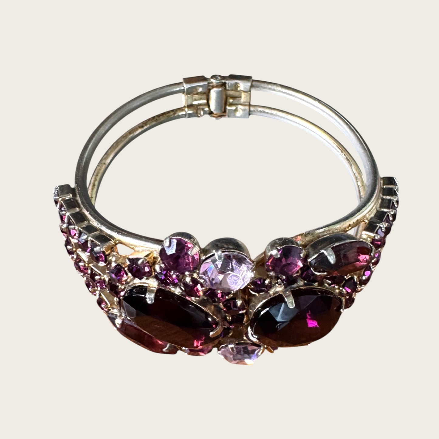 Mid-Century Purple Medley Foiled Rhinestone Clamper Bracelet & Earring Set