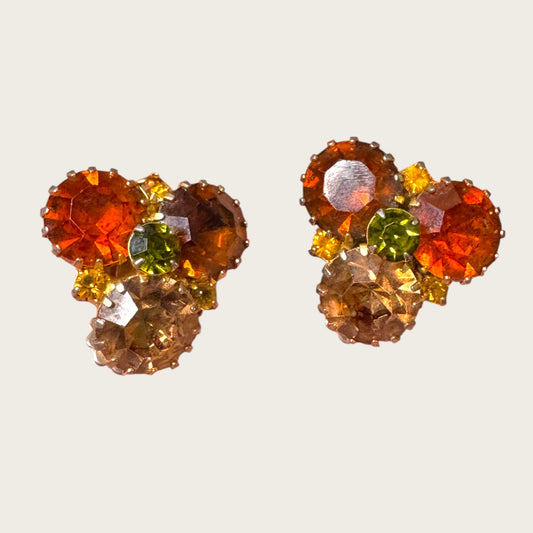 Mid-Century Autumn Topaz & Peridot Rhinestone Clip Earrings