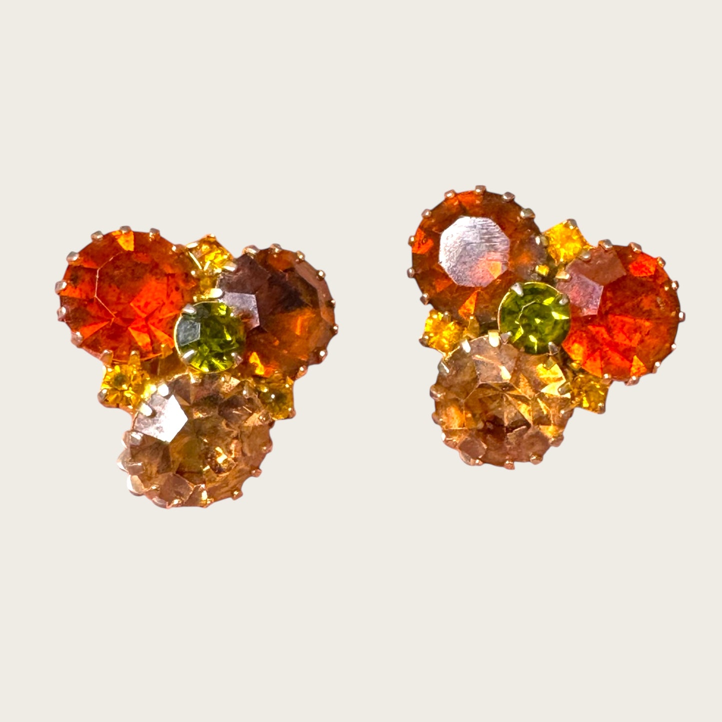 Mid-Century Autumn Topaz & Peridot Rhinestone Clip Earrings
