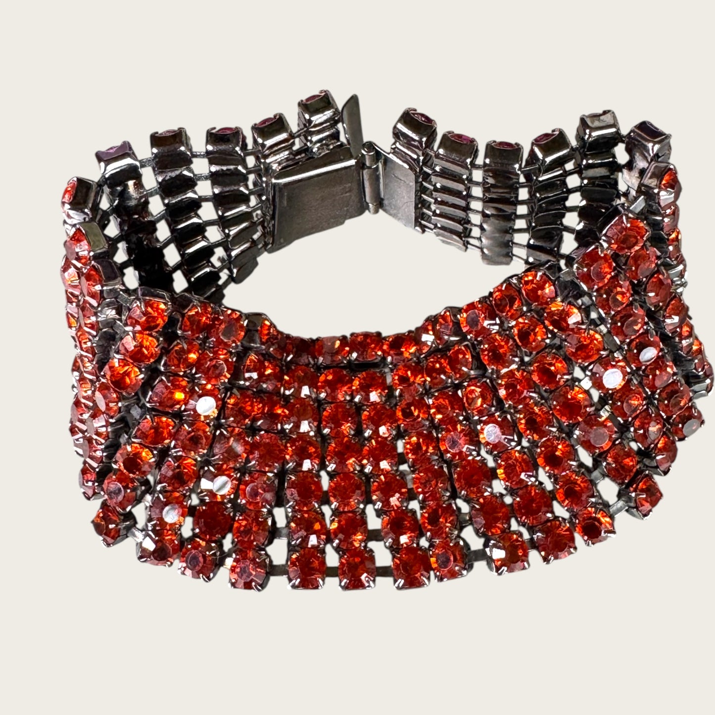 Vintage Gunmetal & Burnt Orange Rhinestone Statement Bracelet