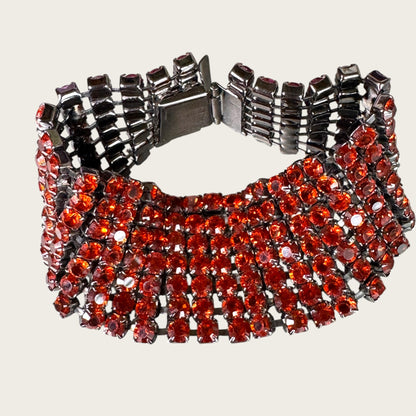 Vintage Gunmetal & Burnt Orange Rhinestone Statement Bracelet