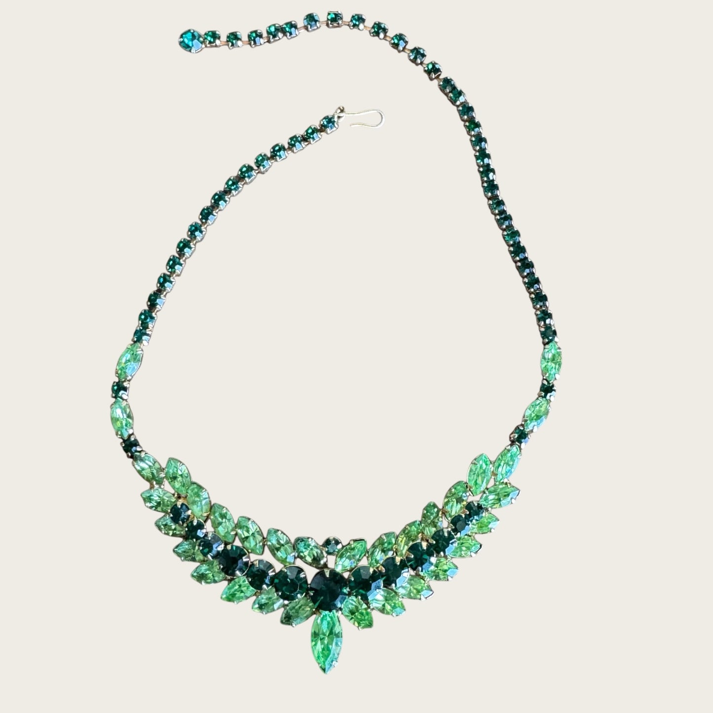Mid-Century Emerald & Peridot Uranium Glass Rhinestone Floral Collar Necklace