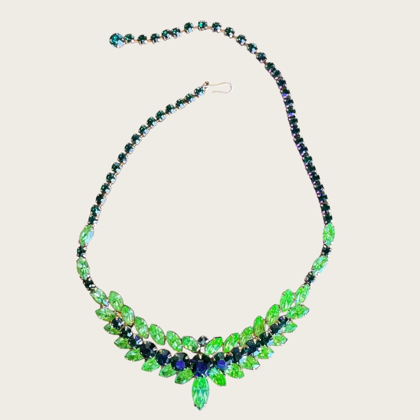 Mid-Century Emerald & Peridot Uranium Glass Rhinestone Floral Collar Necklace