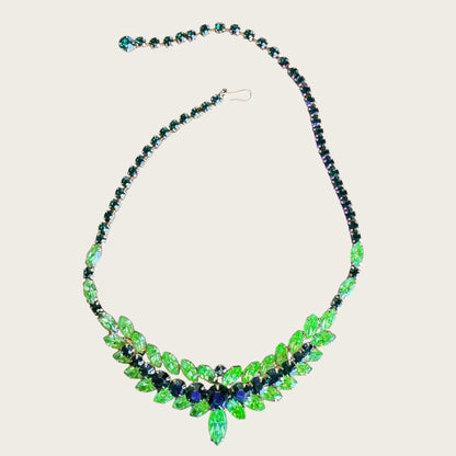 Mid-Century Emerald & Peridot Uranium Glass Rhinestone Floral Collar Necklace