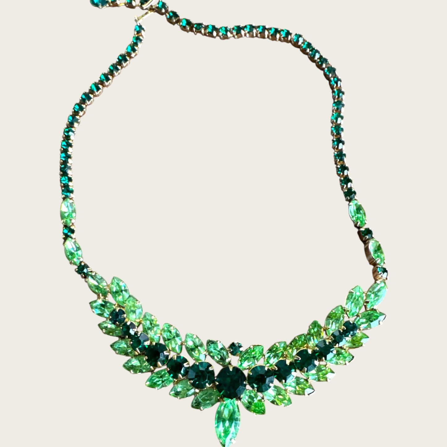 Mid-Century Emerald & Peridot Uranium Glass Rhinestone Floral Collar Necklace